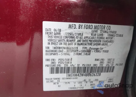 2008 Mercury Sable Premier from USA, damaged, VIN 1MEHM42W48G626328